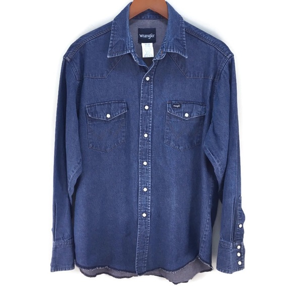 Wrangler Men’s SZ LG Pearl Snap Denim Long Sleeve - Picture 1 of 7